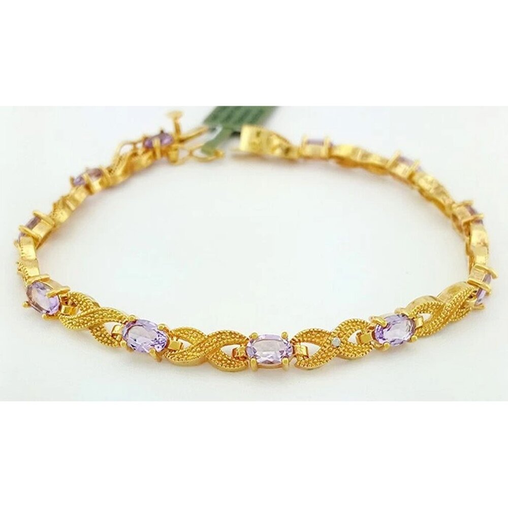Genuine 6.18 Cts Amethyst & Diamond Bracelet 14k Yellow Gold Plated